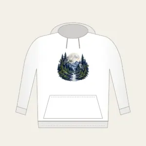 Moonlit Pine Forest with Owls Hoodie in white: A moonlit forest of pines and owls in navy, silver and moss beneath a large pale moon.