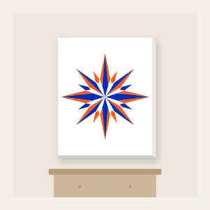 Cobalt Starburst Pattern Canvas Print in white: A starburst pattern in cobalt and orange over a cream field.