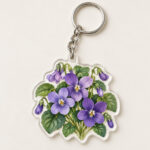 Violet Study Clear Keychain with flat printed illustration of violets and leaves in purple and green on clear acrylic with a generous clear margin