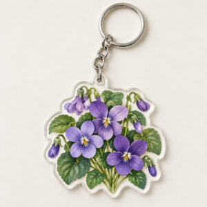 Violet Study Clear Keychain with flat printed illustration of violets and leaves in purple and green on clear acrylic with a generous clear margin