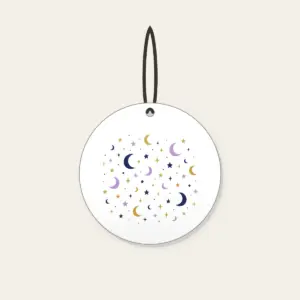 Scattered Stars and Crescents Ceramic Ornament in white: Small stars and crescent moons scattered across the night in navy, lilac and gold.
