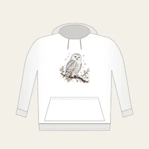 Snowy Owl in Snowfall Hoodie in white: A snowy owl on a branch in white, slate and amber with falling snowflakes.