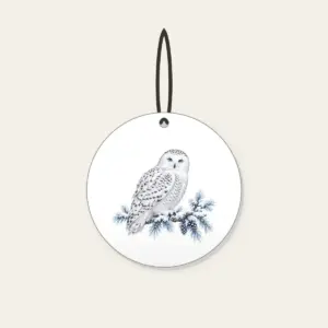 Snowy Owl on a Frosted Branch Ceramic Ornament in white: A snowy owl on a frosted branch in white, grey and ice blue.
