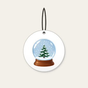 Tiny Pine Snow Globe Ceramic Ornament in white: A small pine tree stands inside a round snow globe as white flakes swirl around it.