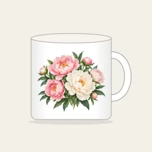 Blush and White Peonies Mug in white: Peonies in blush and white with green leaves on a cream base.