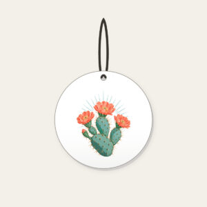 Prickly Pear with Three Coral Blossoms Ceramic Ornament in white: A prickly pear cactus with three coral blossoms and fine sun rays in weathered turquoise and coral.