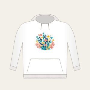 Tropical Fish School and Seaweed on Navy Hoodie in white: A school of small tropical fish and seaweed in coral, yellow and teal swims on navy.
