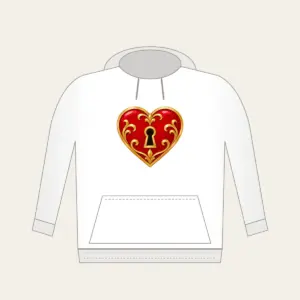 Heart and Keyhole in Red and Gold Hoodie in white: A small heart with a keyhole in red and gold on a clean ground.