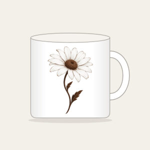 Single Daisy with Curved Stem Mug in white: A single daisy with a curved stem in white and deep brown.