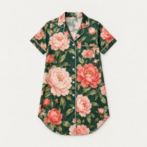 Midnight Peony Satin Pajama Dress with all-over large peonies in blush and coral with leaves on dark green