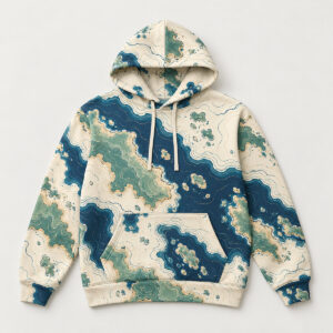 Wildcoast Contour Hoodie with a topographic contour pattern of coastline and islands in navy, sea green and sand on a cream base