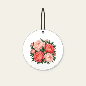 Big Peonies on Deep Green Ceramic Ornament in white: Large peonies in blush and coral with leaves on a dark green ground.