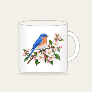 Bluebird on a Blossom Branch Mug in white: A small bluebird rests on a branch of cobalt, white and pale pink blossoms.