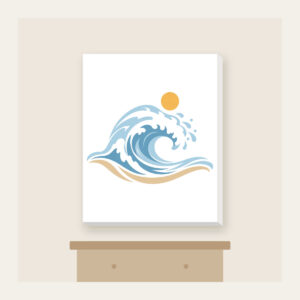 Curling Wave and Little Sun Canvas Print in white: A curling wave in white, pale blue and sand with a small sun disc above.