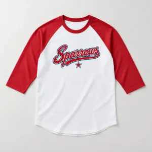 Scarlet Stitch Raglan Baseball Jersey with a printed chest script "Sparrows" in red with a navy outline, plus a small star under the script, no other text