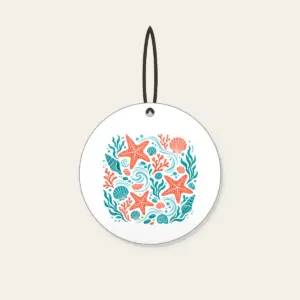 Tide-Pool Starfish Pattern Ceramic Ornament in white: Starfish, small shells and ripples gather in a tide-pool repeat in coral and teal.