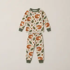 Little Fox Hollow Kid Raglan Pajama Set with all-over repeat of curled foxes, acorns and leaves in rust, cream and moss