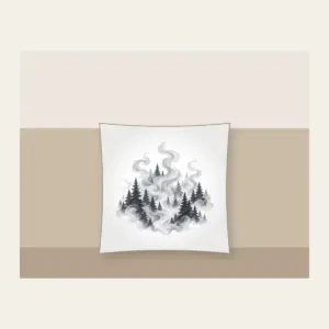 Campfire Smoke Curls Through Pines Pillow in white: Wisps of smoke curl upward between dark pine silhouettes in muted greys.