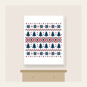 Fair-Isle Pines and Stars Canvas Print in white: Fair-isle bands of pines, stars and diamonds in cream, brick red and navy.