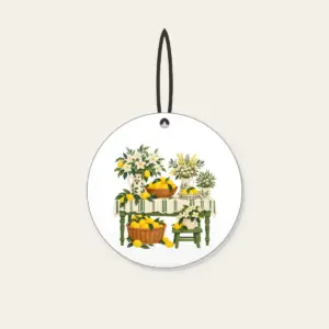 Lemon and Flower Market Stall Ceramic Ornament in white: A market table piled with lemons and blossoms in lemon yellow, cream and green.