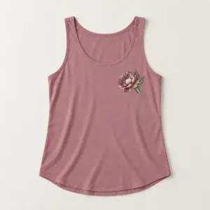 Mauvelous Peony Relaxed Tank with compact left-chest panel print of a single peony bloom with two leaves in plum, cream and sage