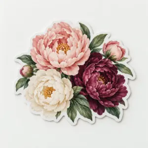 Peony Stack Custom Shape Magnet with flat printed blush, plum and cream peonies with green leaves on a cloud-shaped vinyl magnet