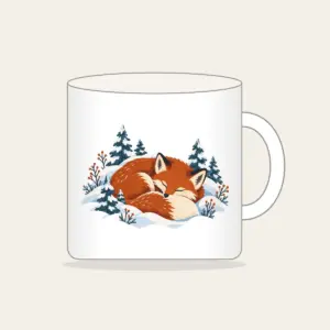 Sleeping Fox Among Snowy Pines Mug in white: A fox curled asleep in a snowbank with tiny pines, in rust, cream and slate blue.
