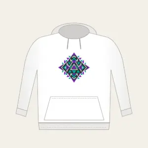 Violet and Teal Triangle Pattern Hoodie in white: A bold geometric pattern of triangles in violet, teal and silver on charcoal.