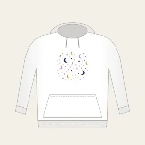 Scattered Stars and Crescents Hoodie in white: Small stars and crescent moons scattered across the night in navy, lilac and gold.