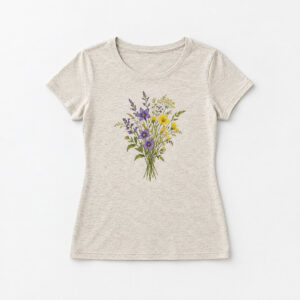 Wildflower Bouquet Curvy Tee with compact chest-panel print of a small bouquet of meadow stems with purple and yellow blooms