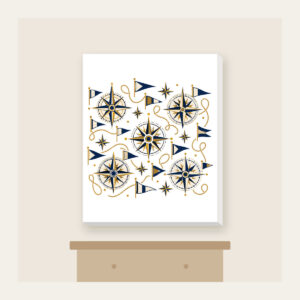 Compass Roses and Pennants Canvas Print in white: Compass roses and pennants repeat in navy, gold and cream.