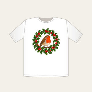 Robin in a Holly Wreath T-Shirt in white: A robin perches in a holly wreath in red, brown and green.