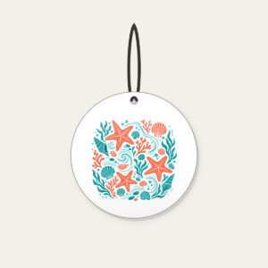 Tide-Pool Starfish Pattern Ceramic Ornament in white: Starfish, small shells and ripples gather in a tide-pool repeat in coral and teal.