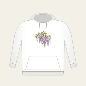 Drooping Wisteria Clusters on Cream Hoodie in white: Drooping wisteria clusters in lilac and violet with green leaves on a cream base.
