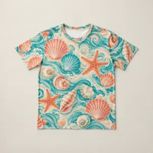 Tide Pool All-Over Unisex Tee with all-over shells, starfish and ripples in coral, teal and cream