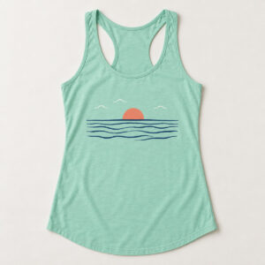 Open Horizon Racerback Tank with front-center flat printed navy horizon lines and small warm coral rising sun, with minimal tiny white cloud marks