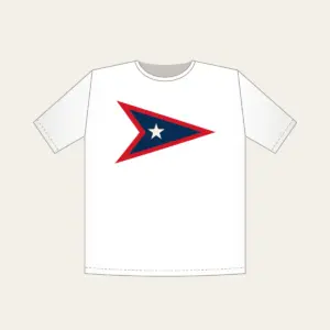 Navy Pennant with Cream Star T-Shirt in white: A three-point pennant in navy and red with one small cream star.