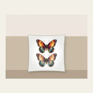 Amber Plum Watercolor Butterfly Pillow in white: A butterfly with watercolor-style wings in amber, plum and teal, traced with delicate vein linework.