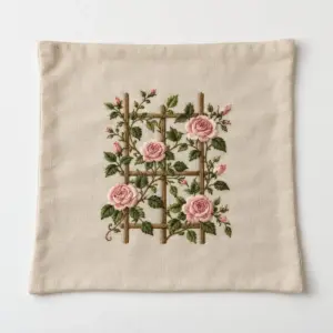 Garden Trellis Embroidered Pillow Case with a compact central trellis with climbing blush roses and green leaves embroidered on a beige pillowcase