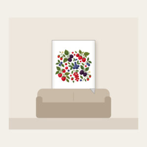 Wild Berries and Leaves Fleece Blanket in white: A scatter of wild berries and leaves in plum, red and green on cream.