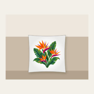 Bird of Paradise and Banana Leaves Pillow in white: Orange and magenta bird of paradise flowers with banana leaves stand on cream.
