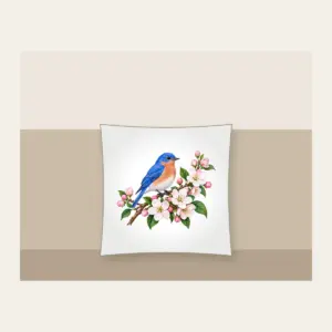 Bluebird on a Blossom Branch Pillow in white: A small bluebird rests on a branch of cobalt, white and pale pink blossoms.