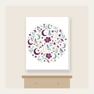 Crescent Moons and Wildflowers in Plum Canvas Print in white: Crescent moons, wildflowers and tiny stars repeat in plum, mint and cream.