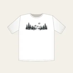 Pine Tree Line and Crescent Moon T-Shirt in white: A single-tone pine tree in line drawing with a small moon curled around it.