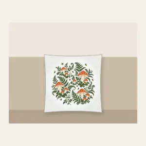 Toadstools, Ferns and Fireflies Pillow in white: Toadstools, ferns and glowing fireflies scattered in rust and cream across a deep green forest ground.