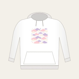 Lilac Cloud Rows Hoodie in white: Rows of clouds in lilac, blush and cream with small stars between.