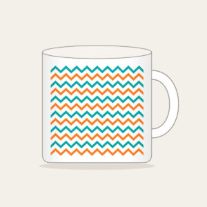 Teal and Orange Zigzag Trail Mug in white: Zigzag trail lines in teal and orange race across a white ground.