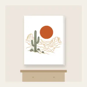 Desert Sun and Canyon Lines Canvas Print in white: A rust-orange sun disc over sparse canyon contour lines and one sage cactus silhouette, flat screen look.