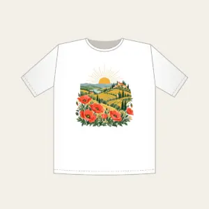 Terraced Hills at Sunrise with Poppies T-Shirt in white: Terraced hills under a rising sun with poppies in the foreground in coral, gold and green.