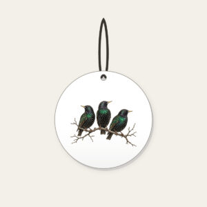 Three Starlings on a Bare Branch Ceramic Ornament in white: Three starlings perch on a bare branch in charcoal and iridescent green on a pale ground.